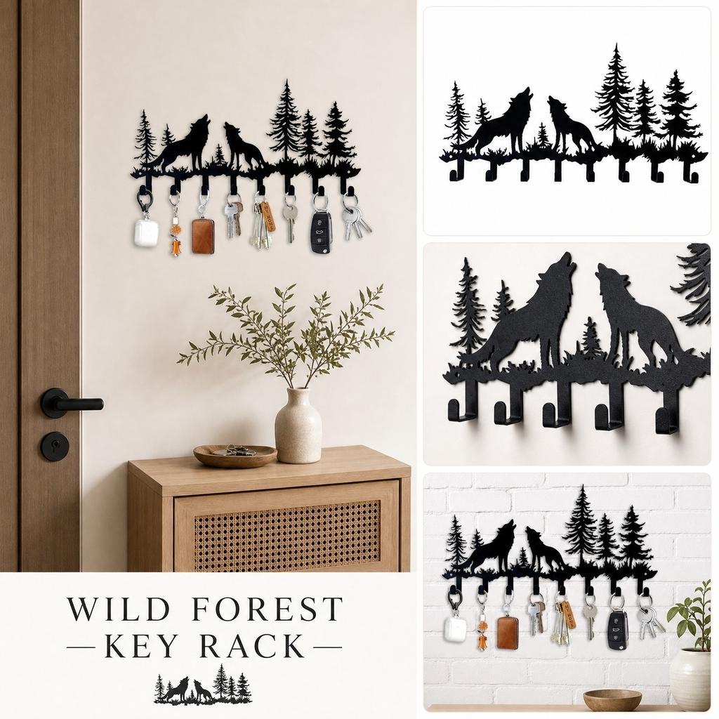 Metal Wall Mount Key Holder Rack with Wolf and Tree Design Over Door Towel Hook Rack Creative Storage Organizer with Multiple Hooks