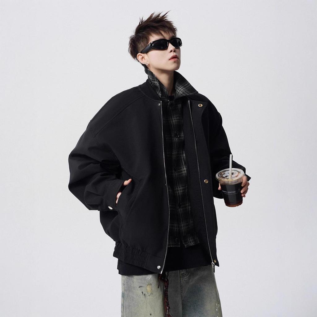 Men's Plaid Patchwork Casual Jacket - American Style Two-Piece Design for Spring and Autumn