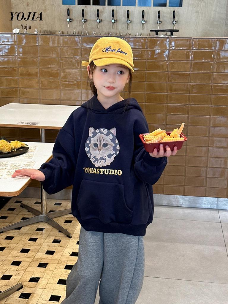 YOJIA Winter 2025 Girls' Cartoon Fleece-Lined Hoodie - Warm Sweatshirt for Little Girls