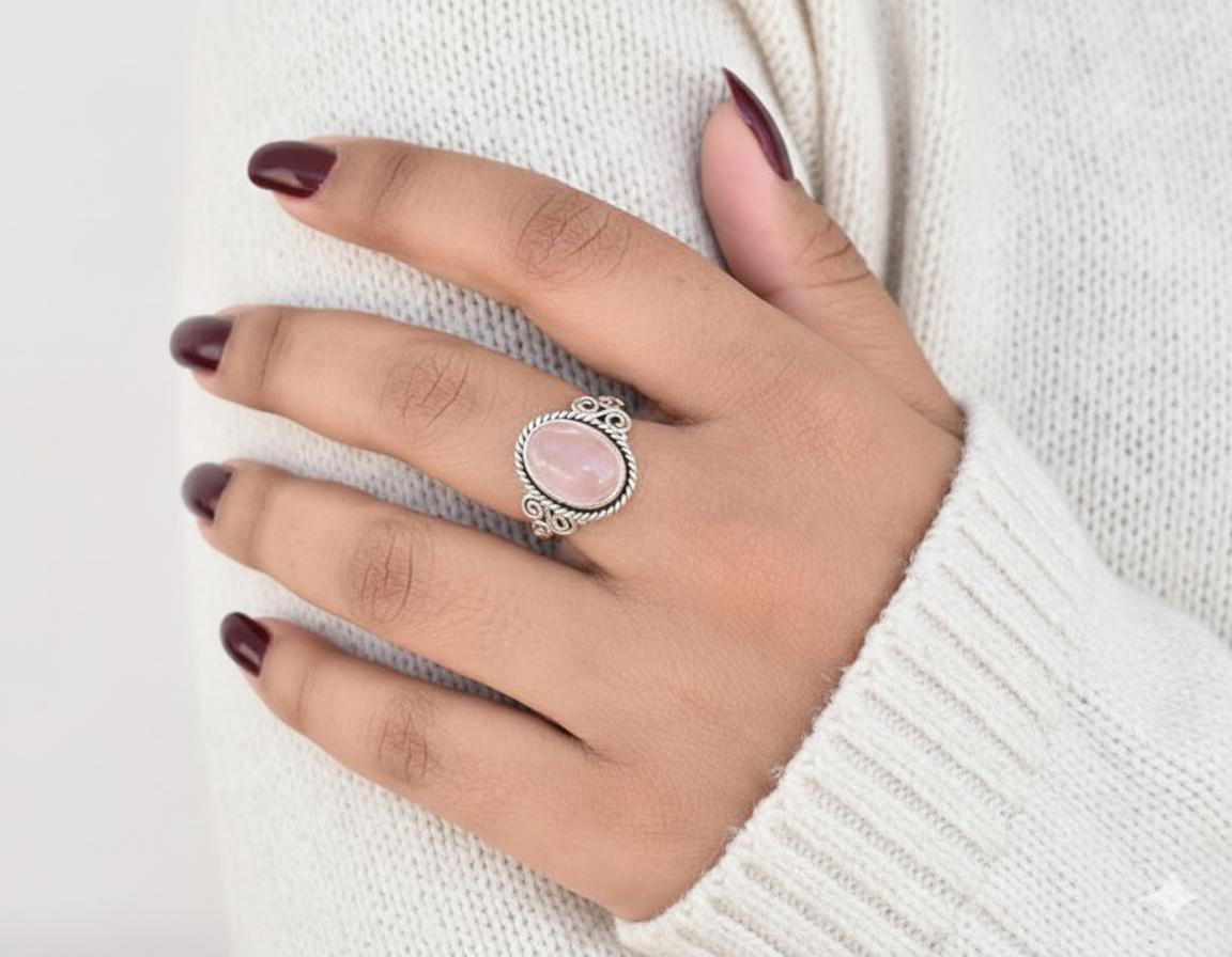 

Handcrafted 925 Sterling Silver Rose Quartz Ring – Oval Pink Gemstone Statement Ring for Women 12 срібний