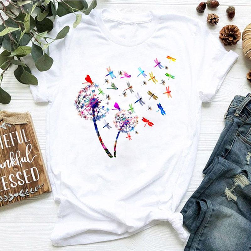 Women's dandelion floral print letter t-shirt - Trendy women's T-shirt with short sleeves Summer polyester fabric