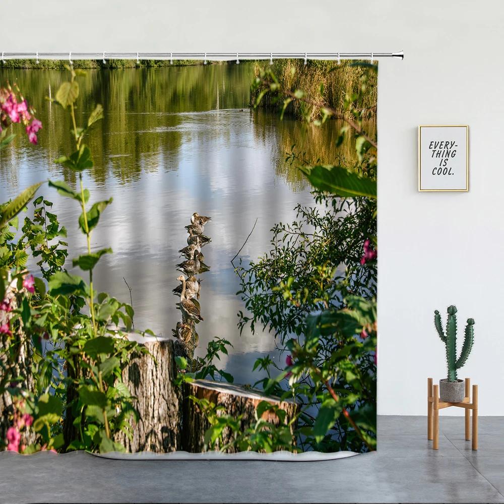 Spring Garden Landscape Shower Curtains Green Plants Flowers Creek Natural Scenery Bath Curtains Bathroom Decor With Hooks
