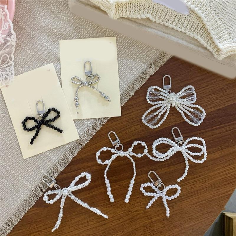 Bowknot Shaped Keychain Pendant Pearls Beaded Butterfly Knots Key Chain Fashionable Bows Ornament for Phones Bag Car Key