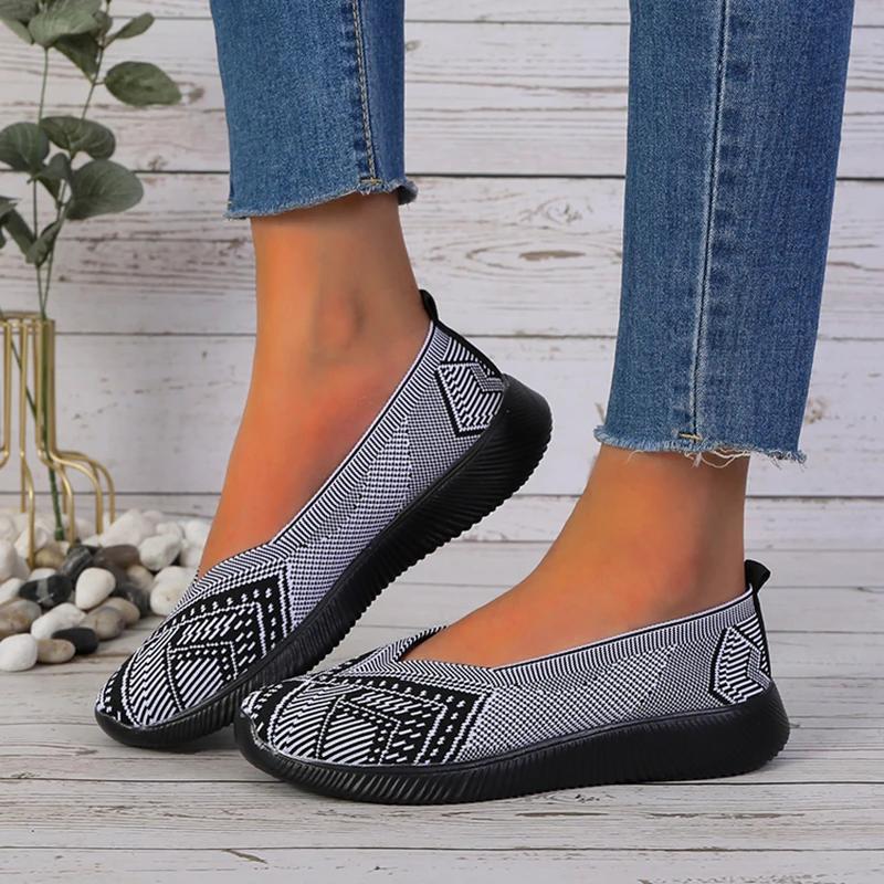 Fashion ZOKI Fashion Striped Loafers Shoes Women Summer Slip-on Breathable Knitting Flats Woman Comfort Non-slip Soft Bottom Sneakers
