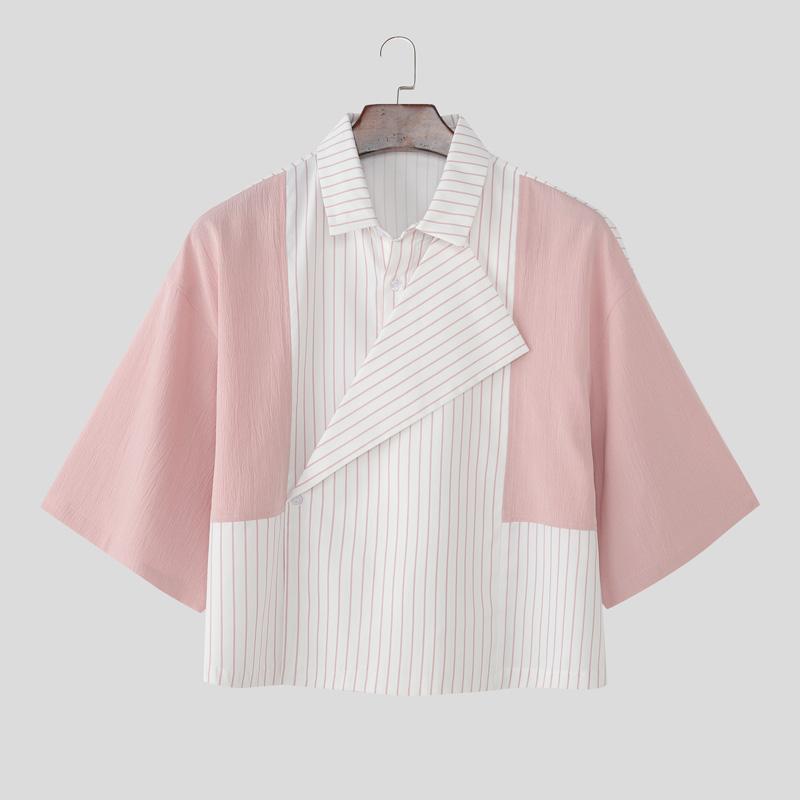 

INCERUN Summer Men Lapel Neck Short Sleeve Striped Splicing Casual Short Cropped Shirts 5XL рожевий