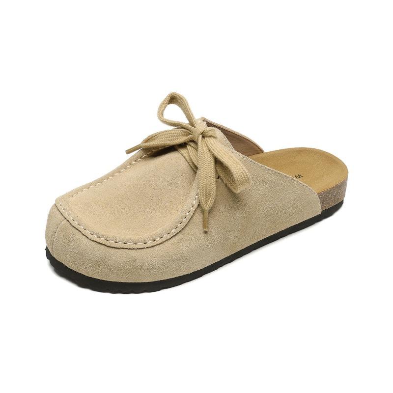 Cowhide Version Lazy Tone Retro Bag Head Lace-up Cow Anti-velvet One Foot and Half Slippers