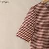 ZANZEA Women Casual Round Neck Grid Print Summer Short Sleeve Blouse