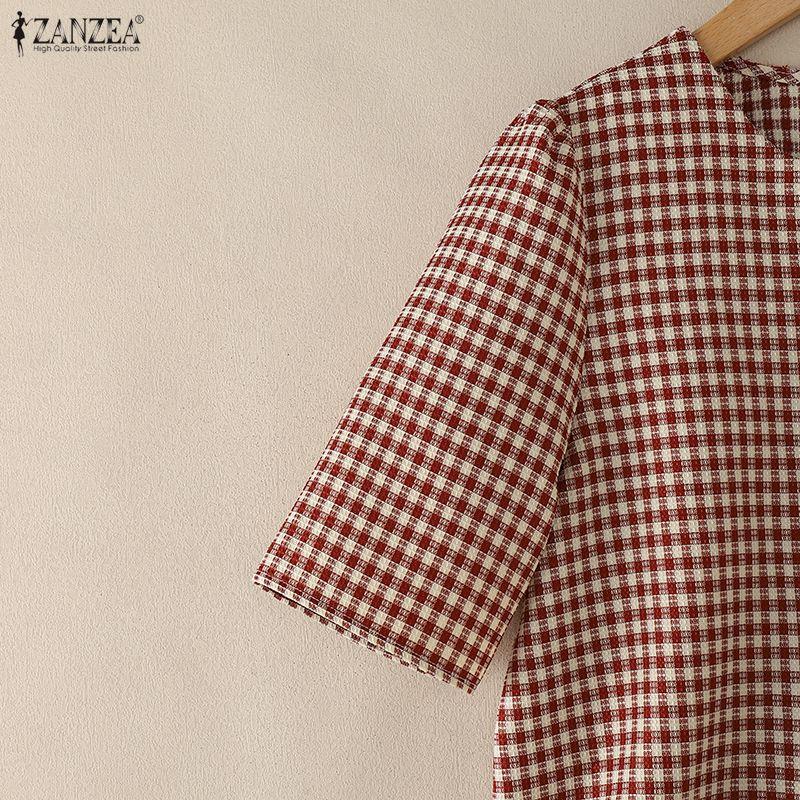 ZANZEA Women Casual Round Neck Grid Print Summer Short Sleeve Blouse