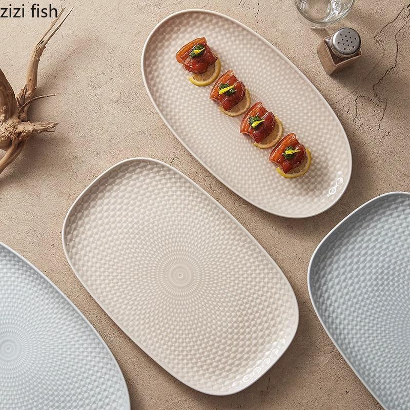Creative Texture Ceramic Sushi Plate Oval Steamed Fish Plate Dessert Cake Plate Snack Plates Service Plates Hotel Tableware