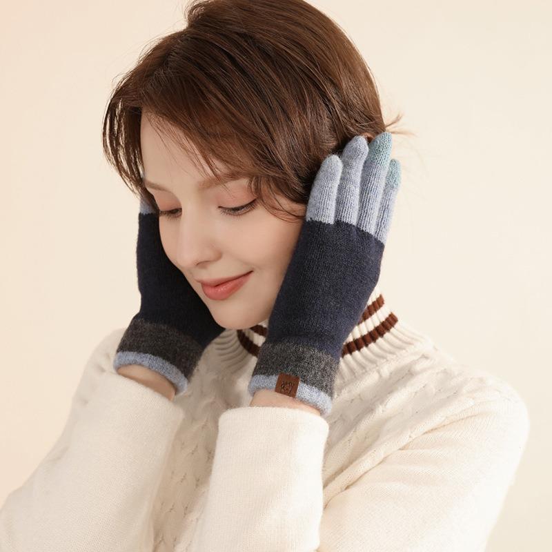 Adult Wool Thermal Gloves Winter Outdoor Cold Gloves Wind Versatile Contrasting Knitted Gloves Women