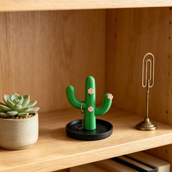 3D Printed Cactus Jewelry Holder, Desktop Jewelry Organizer, Jewelry Display Rack with Cute Pink Flower Design for Rings Earrings Bracelets Necklace,