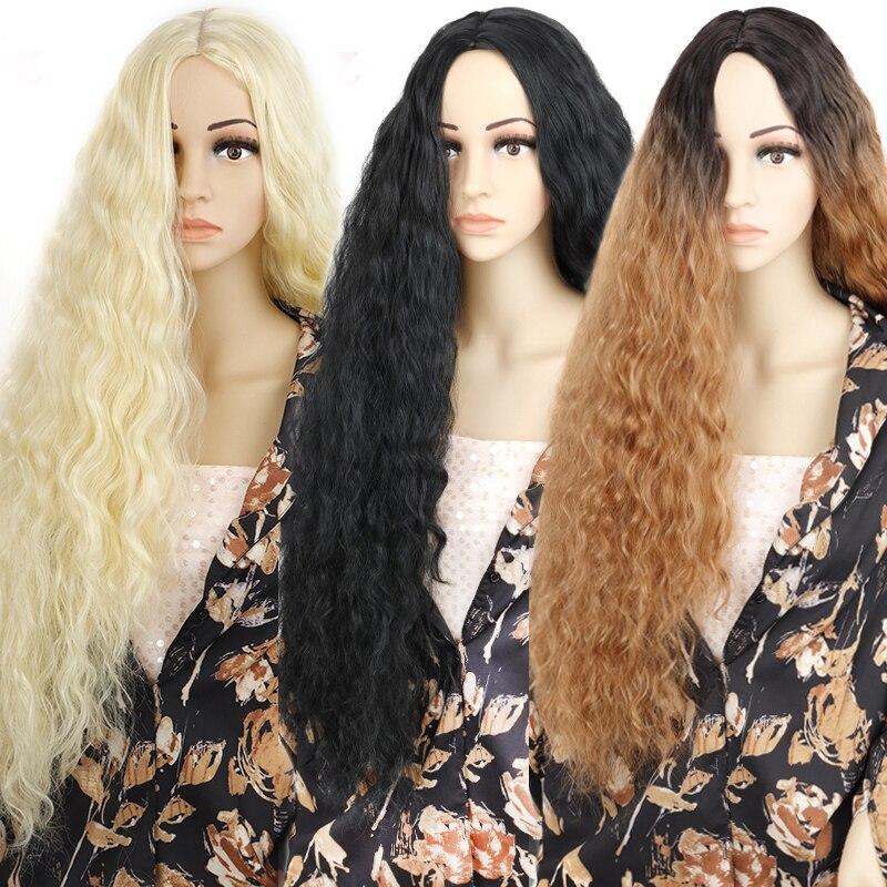 MISSQUEEN Lange gewellte Perücken, tiefe Wellen, lockige synthetische Perücke, blond, schwarz, 76,2 cm, Haarperücken für Frauen, Cosplay