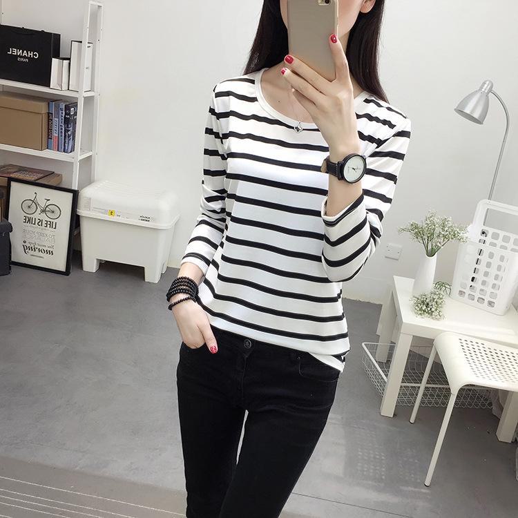 Gestreiftes Slim-Fit T-Shirt für Damen mit Rundhalsausschnitt und langen Ärmeln für Frühling, Sommer und Herbst