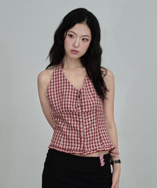 Odeumin Check Halter Blouse