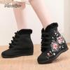 Chinese Style Embroidered Floral Cotton Boots Wedges Heel Women's Fur Winter Warm Ankle Snow Shoes Comfortable Bottines Size 35