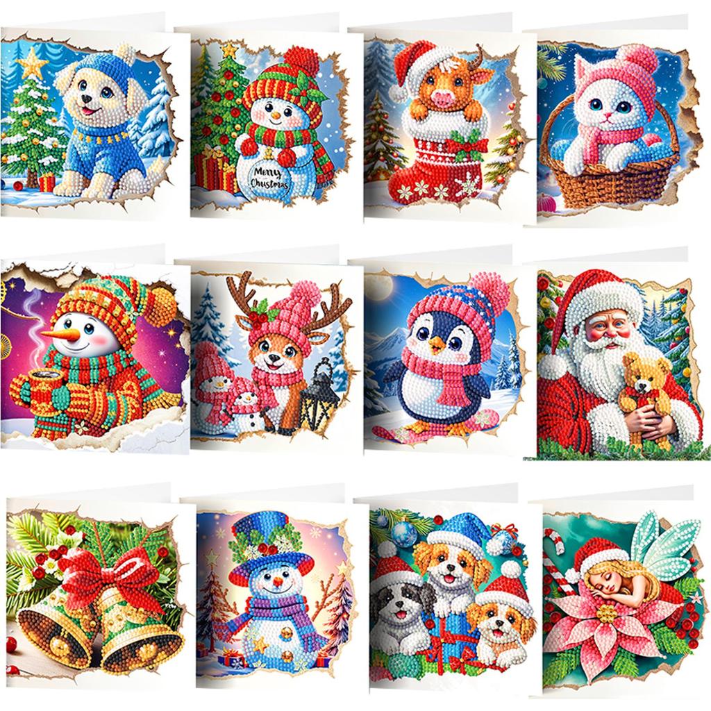 12PCS DIY Xmas Theme Diamond Painting Greeting Card Set Diamond Art Handmade Cards for Birthdays Thanksgiving & Special Occasion
