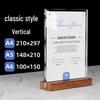 A4 Acrylic Table Card Holder with Beech Wood Base, Double-Sided Pull-Out Display Stand