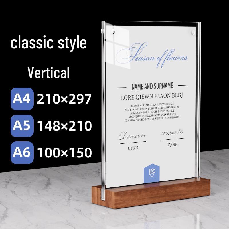 A4 Acrylic Table Card Holder with Beech Wood Base, Double-Sided Pull-Out Display Stand