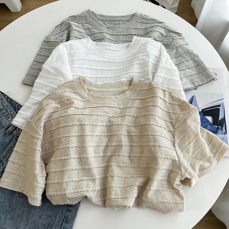 Chic Lace Round Neck Short-Sleeve Women's T-Shirt - 2025 Summer Collection, Loose Fit