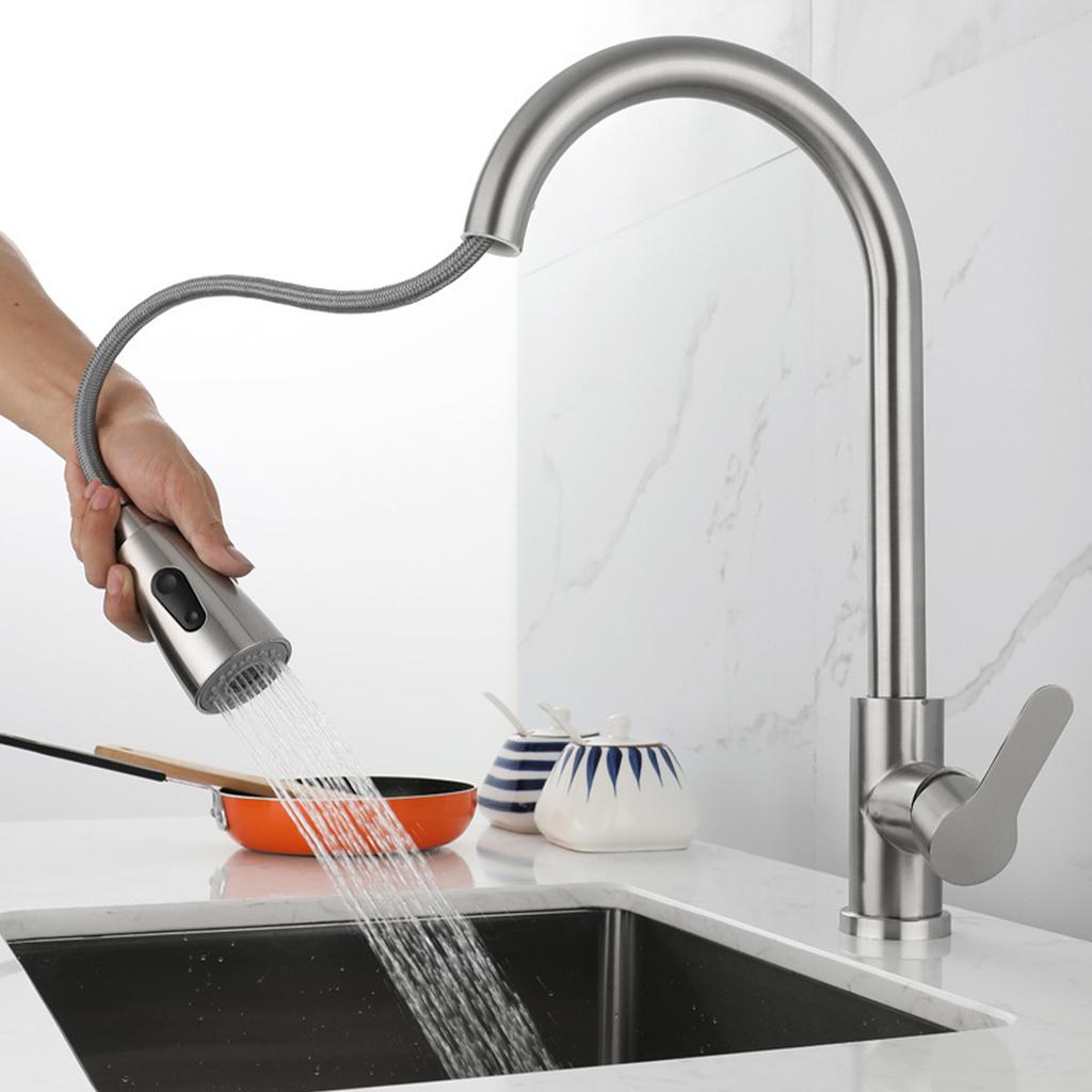 Kitchen Faucet with Pull Down Sprayer Stainless Steel Dual Water Outlet Single Handle Pull Out