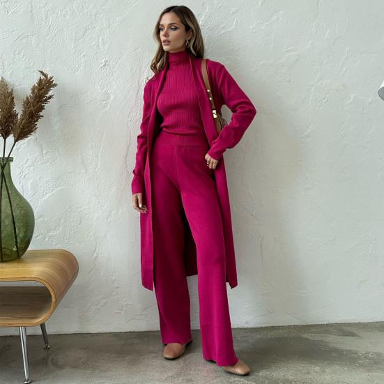 Women's Piece Cardigan Knit Lounge Set 3 Elastic Waist Wide Leg