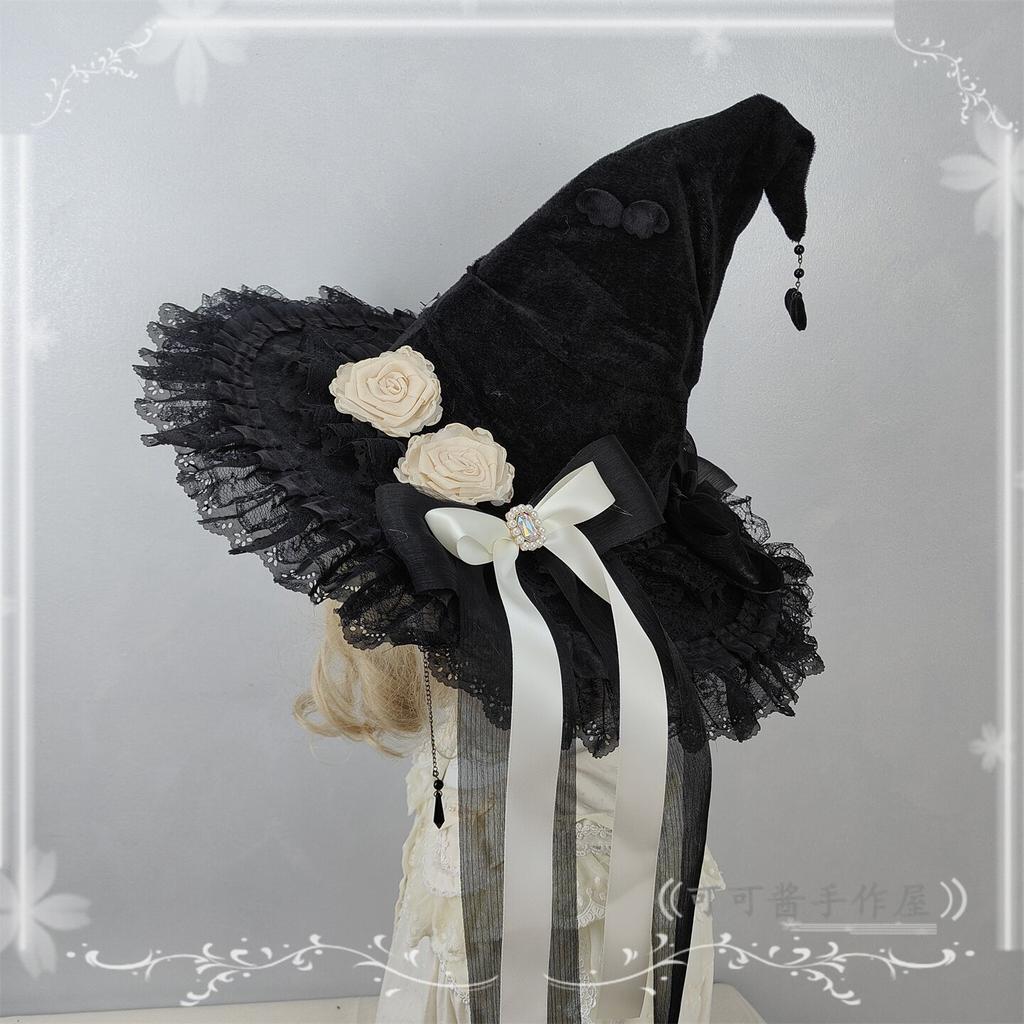 Halloween Witch Hat Pointed Wizard Hats Black Gothic Velvet Rose Dark Gorgeous Women Hat for Women