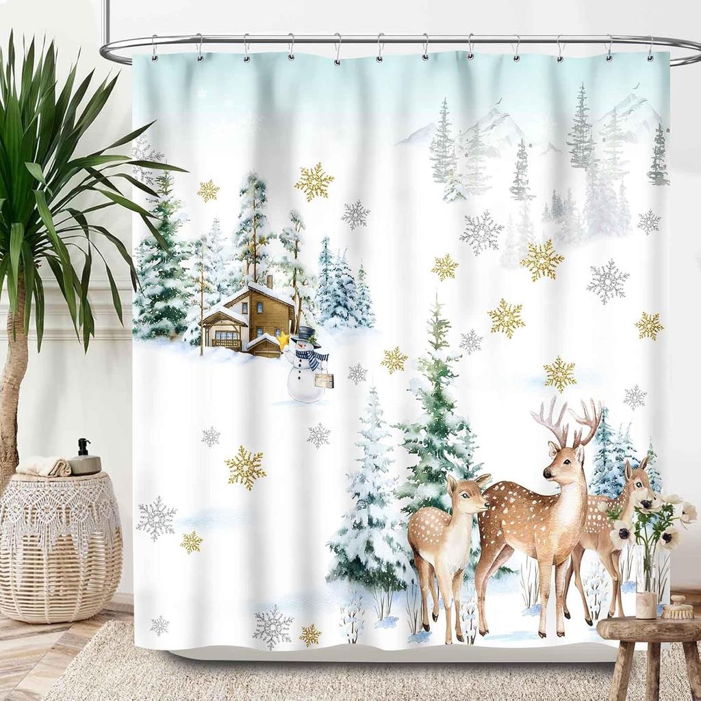 Red Christmas Shower Curtains,Winter Snowflake Xmas Green Pine Trees Branches Snow Scene Happy New Year Waterproof Fabric