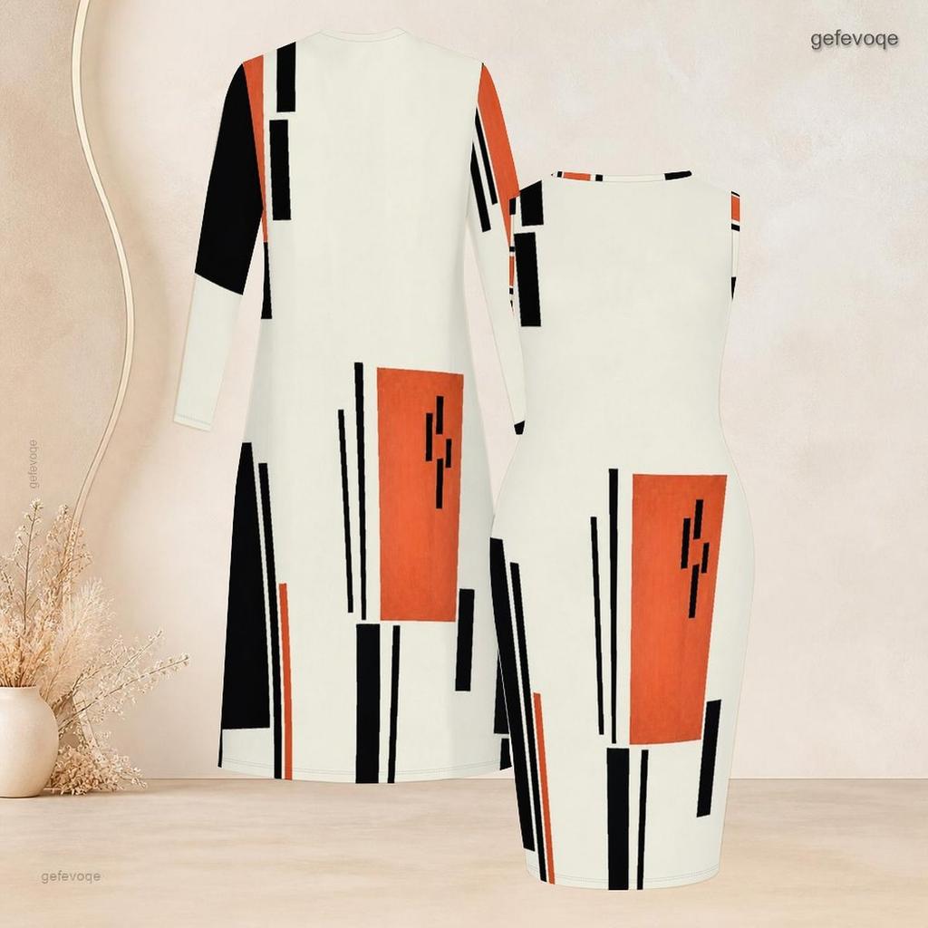 Women Plus Size Printed Two Piece Set Long Sleeve Open Front Long Cardigan Sleeveless Bodycon Dress