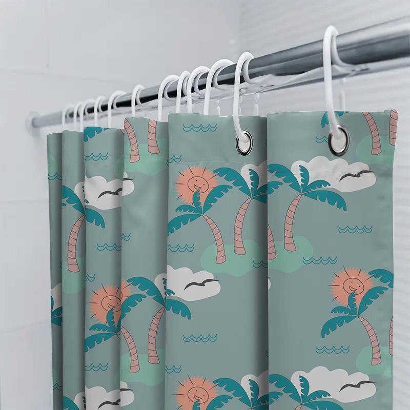 Beach Palm Tree Sun Shower Curtain Waterproof Home Decor For Bathtub Bathroom Cute Blue Floral Design