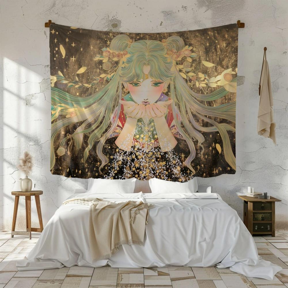 Celestial Moon Guardian Tapestry Wall Art Ethereal Anime Inspired Bedroom Decor Gold Botanical Goddess Fantasy Hanging Display