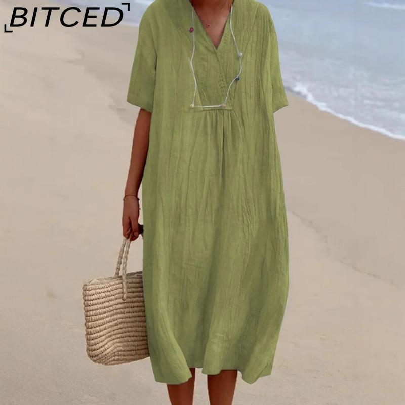 BITCED Women's Fashion Summer Spring Solid Color Print Short Sleeve V-Neck High Waist Casual Dresses