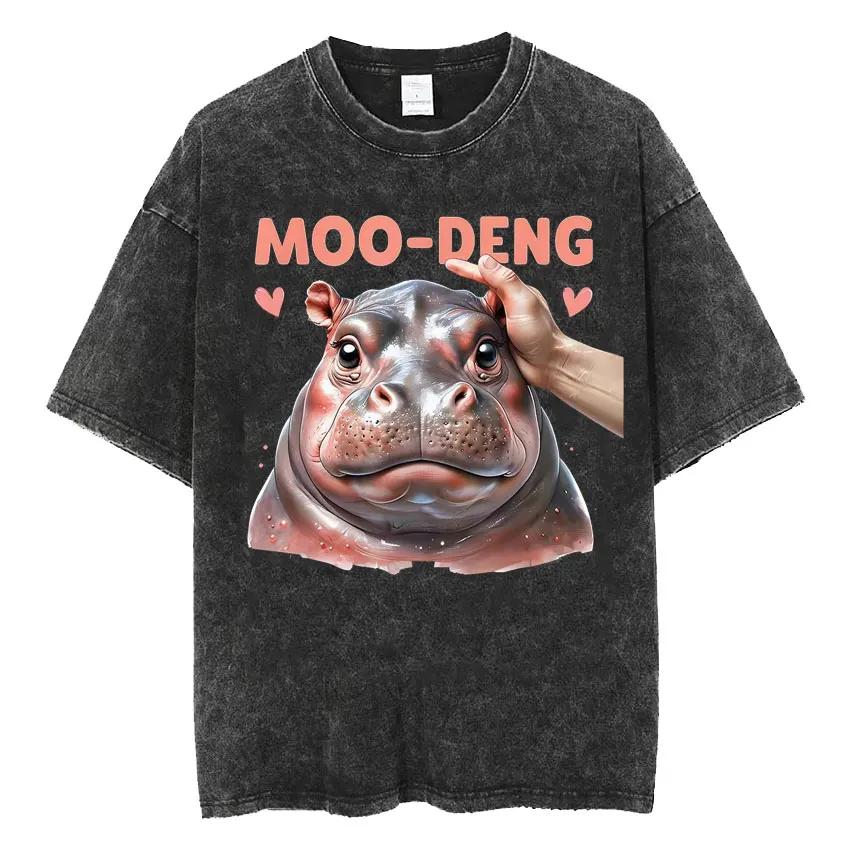 Cute Hippo Moo Deng Rap Vintage Washed T Shirt Funny Meme T Shirts Men Women Fashion Oversized Cotton T-shirt Streetwear