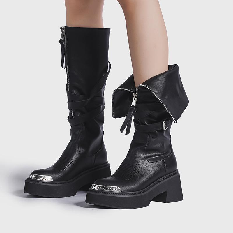 Factory Custom Two Wear Pointed Metal Head High Tube Fashion Boots Long Boots Women's Front Zipper Thick Sole Heightening Knight Boots