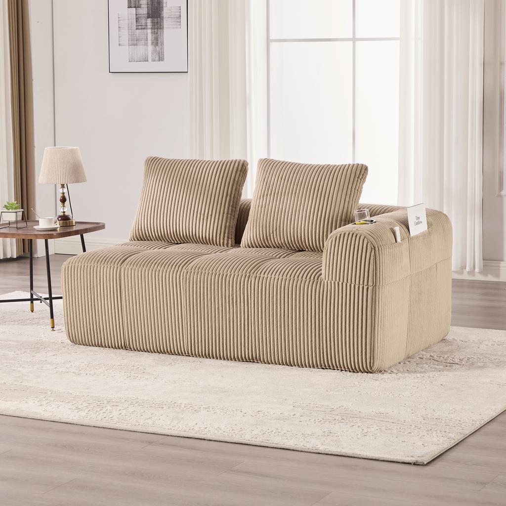 Cozy Corduroy Two-Seater Sofa – No Assembly, Soft Back Cushions, Side Storage Pocket for Remote Control and Phone, Cup Holder – Neat and Aesthetic.
