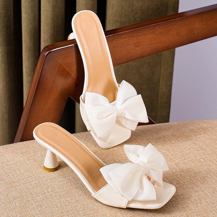 Women Elegant Square Toe Stiletto Mules With Oversized Bow Slip On High Heel Sandals For Wedding Party Office