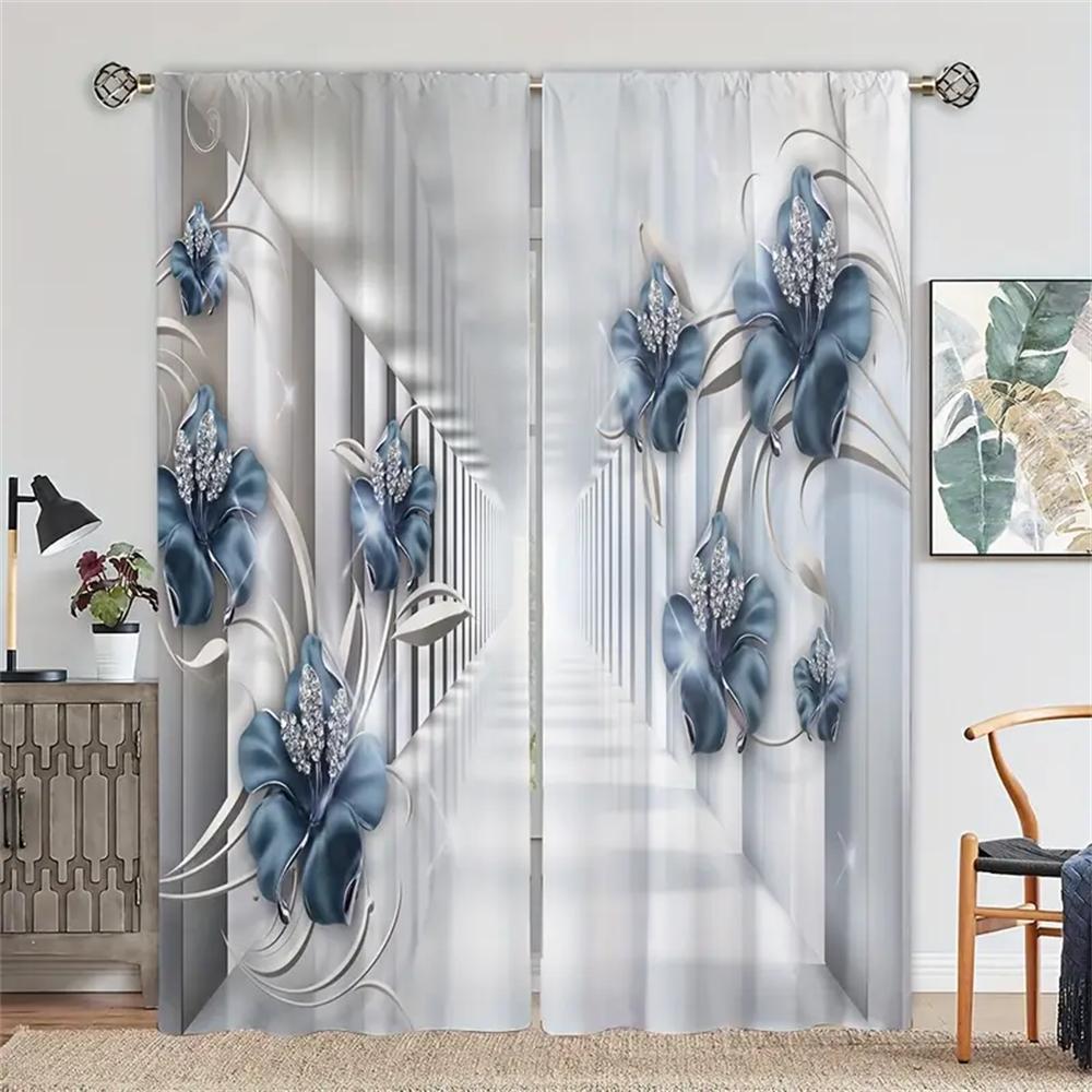 

Дешевые 2Panels Blue Flower Painted Art Printed Curtains Window Curtains For Living Room Window Drapes Bedroom Home Decor W50 X H130(CM)X2&Grommet Top
