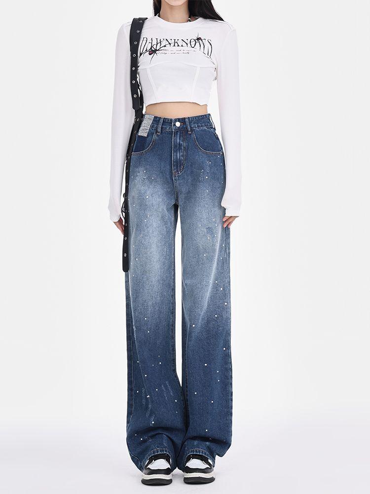 Gradient Fashion Design Wide Leg Jeans Women Autumn New High Waist Elegant Slim Long Pants Casual Drape Straight Mop Pants