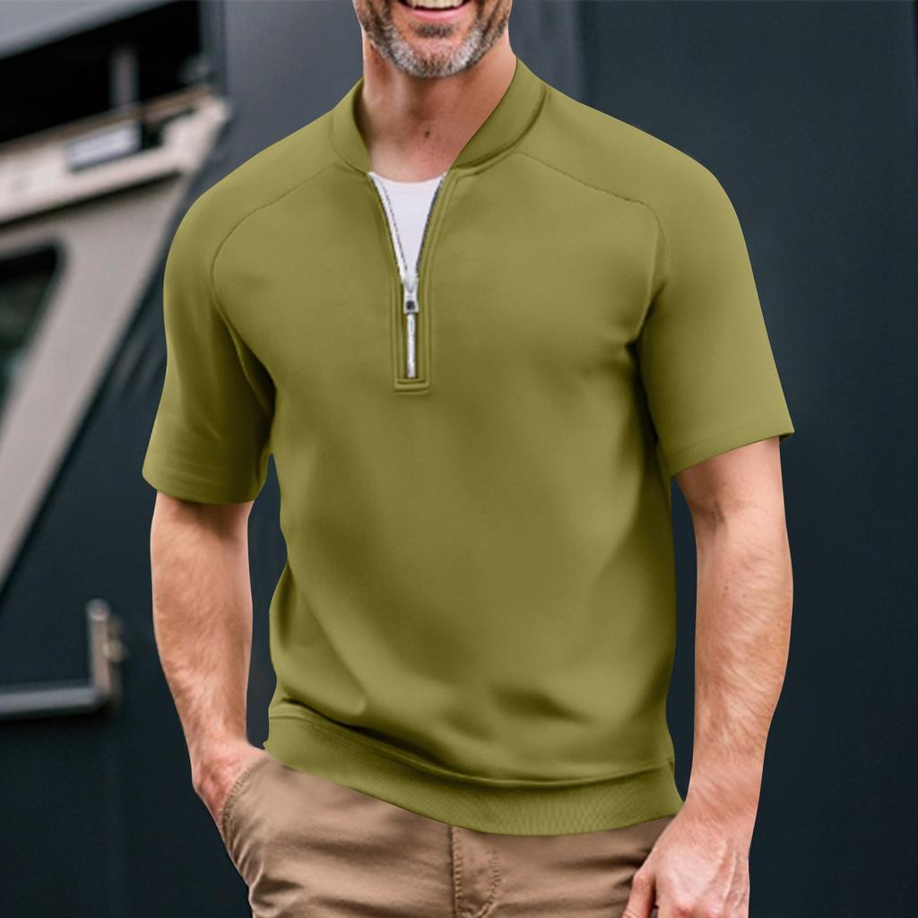 Men's Summer Solid Color Casual T-shirt Sports Breathable Zipper Collar Top