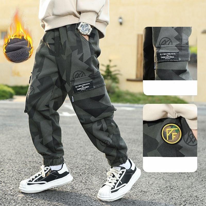 Boys' Fleece-Lined Camouflage Pants: Spring, Fall, and Winter Casual Pants for Kids