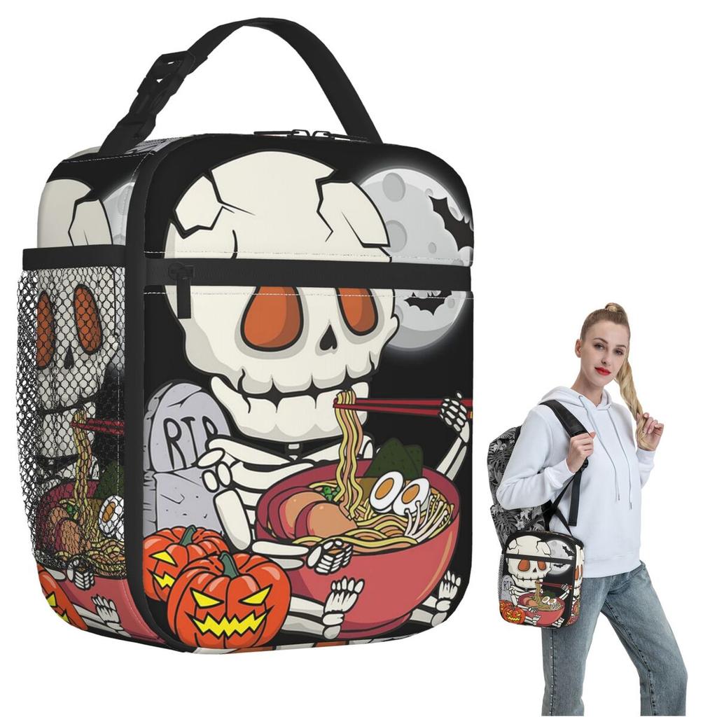 Cartoon Skeleton Eating Ramen Food Halloween Insulated Lunch Bag for Women Kids Portable Food Boxes Thermal Lunch Box Tote