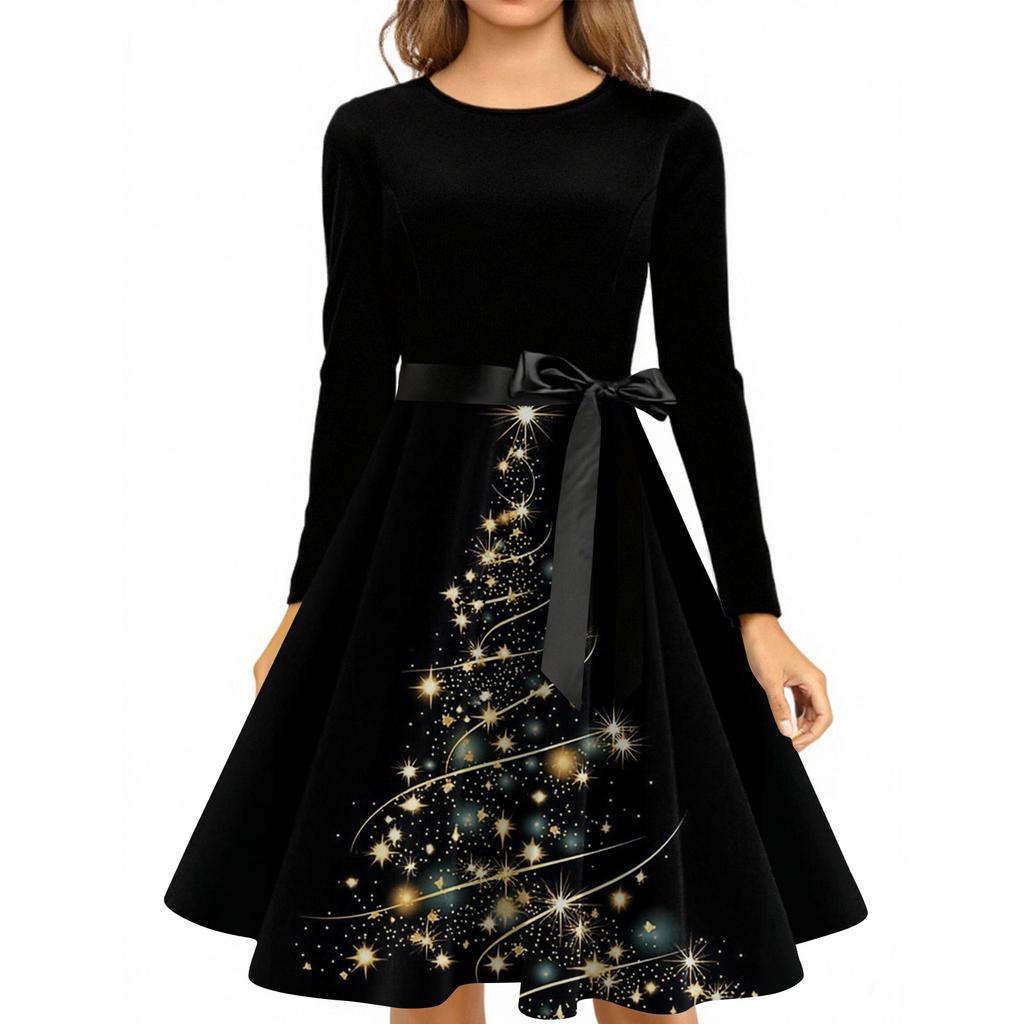Women's Fashionable And Elegant Autun And Winter Long-sleeved Christmas Tree Print Dress