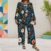 Women Plus Size Round Neck Long Sleeve Floral Printed Layered Top Wide Leg Cropped Pants Two Piece Set