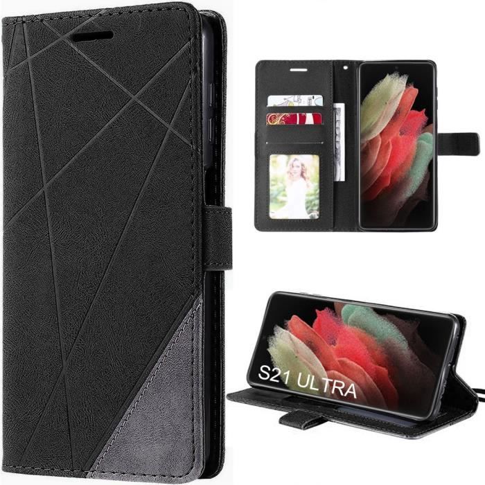 Coque pour Samsung Galaxy S21 Ultra Effet Cuir Noir Fermeture Magnétique