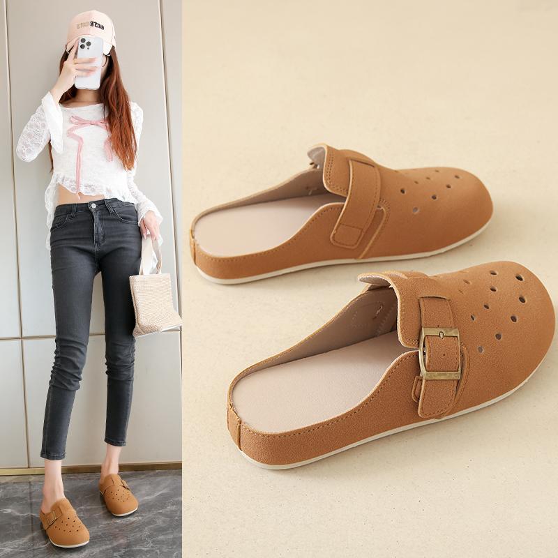 Fashion Women's Suede Clog Slippers with Buckle Breathable Boken Fashion Footwear Anti-Slip Soft Sole Outdoor Casual Mules
