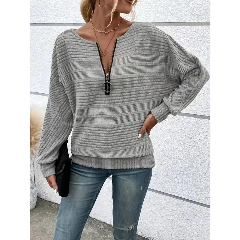 Autumn and Winter Casual Solid Color Zipper Top Women's Pullovers & Long Sleeves