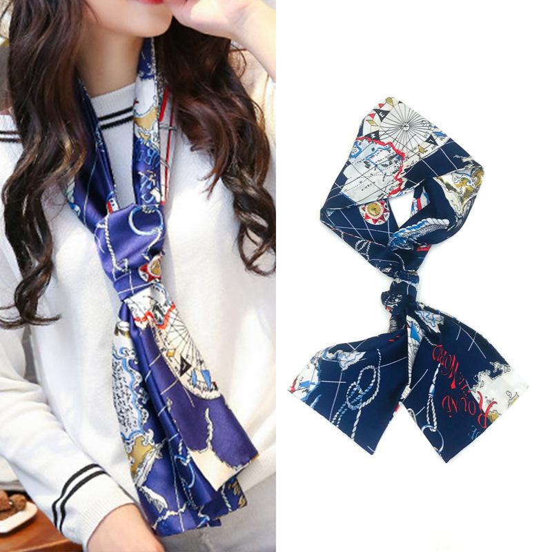 Fashion Long Skinny Silk Neck Scarf Collar Tie Women Foulard Bag Ribbon Scarves Floral Print Head Kerchief