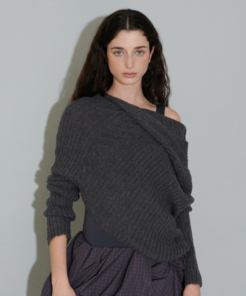 THEPORTA Twist Pattern Cropped Hood Knit, Melange Gray