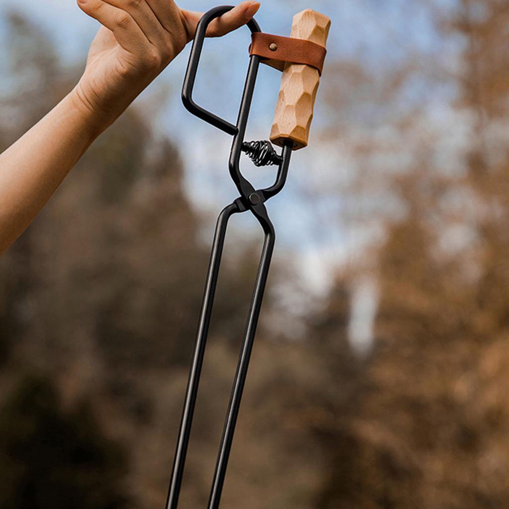 Log Tongs Beech Wood Handle Iron Clamp High Temperature Resistance Fire Tongs for Outdoor Log Tongs