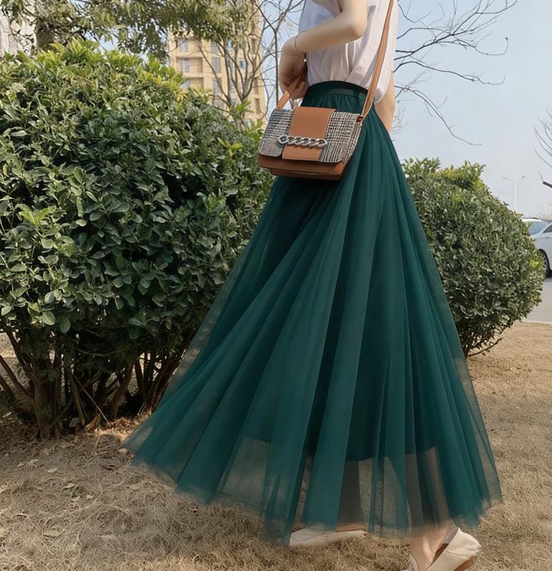 Women's High-Waist Mid-Length Pleated Mesh Skirt