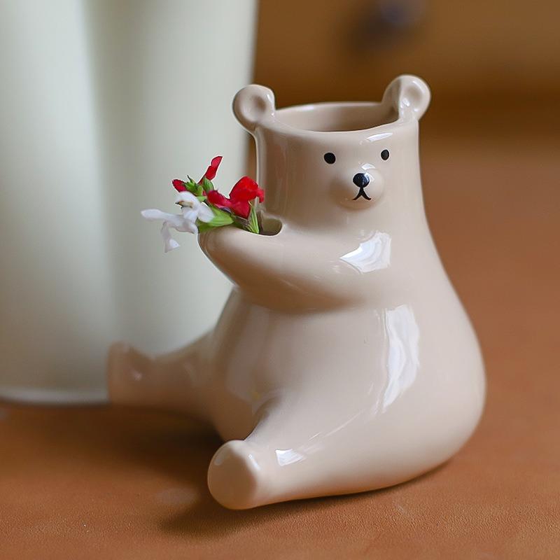 Cute Ceramic Bear Vase Hydroponic Vase Desktop Ornament Home Decor Garden Decoration